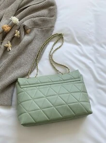 簡約時尚綠色PU翻蓋金色大容量小眾幾何優雅知性包女包繡線金屬鏈條單肩包 - 綠色 - 查看 7
