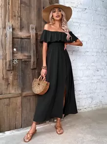 Breezaya Vestido largo con hombros al descubierto, recorte de volantes y abertura en el muslo para vacaciones y playa para mujeres - Negro - Ver 3