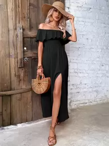 Breezaya Vestido largo con hombros al descubierto, recorte de volantes y abertura en el muslo para vacaciones y playa para mujeres - Negro - Ver 4