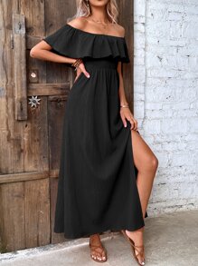 Breezaya Vestido largo con hombros al descubierto, recorte de volantes y abertura en el muslo para vacaciones y playa para mujeres - Negro - Ver 5