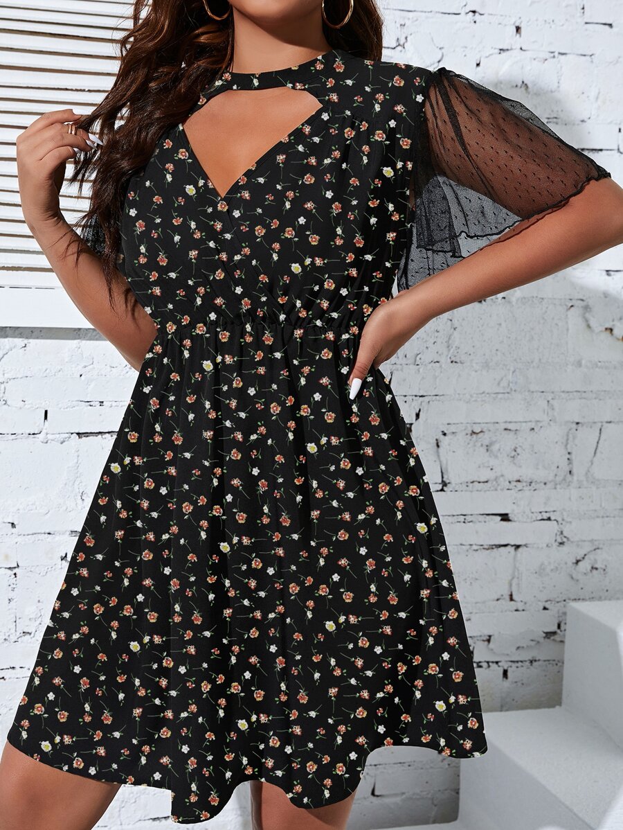 SHEIN Clasi Plus Ditsy Floral Print Contrast Mesh Butterfly Sleeve Dress - Multicolor - View 1