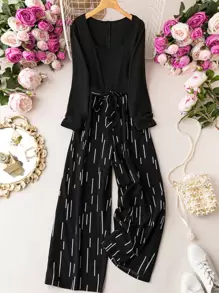 SHEIN Unity Mono de pierna ancha con estampado de rayas - Negro - Ver 1