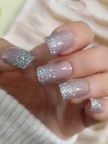 VV MEI JIA ER 24入組長款方形金屬亮絲指甲假指甲和1張膠帶和1入組指甲銼 - 棕色 - 查看 1