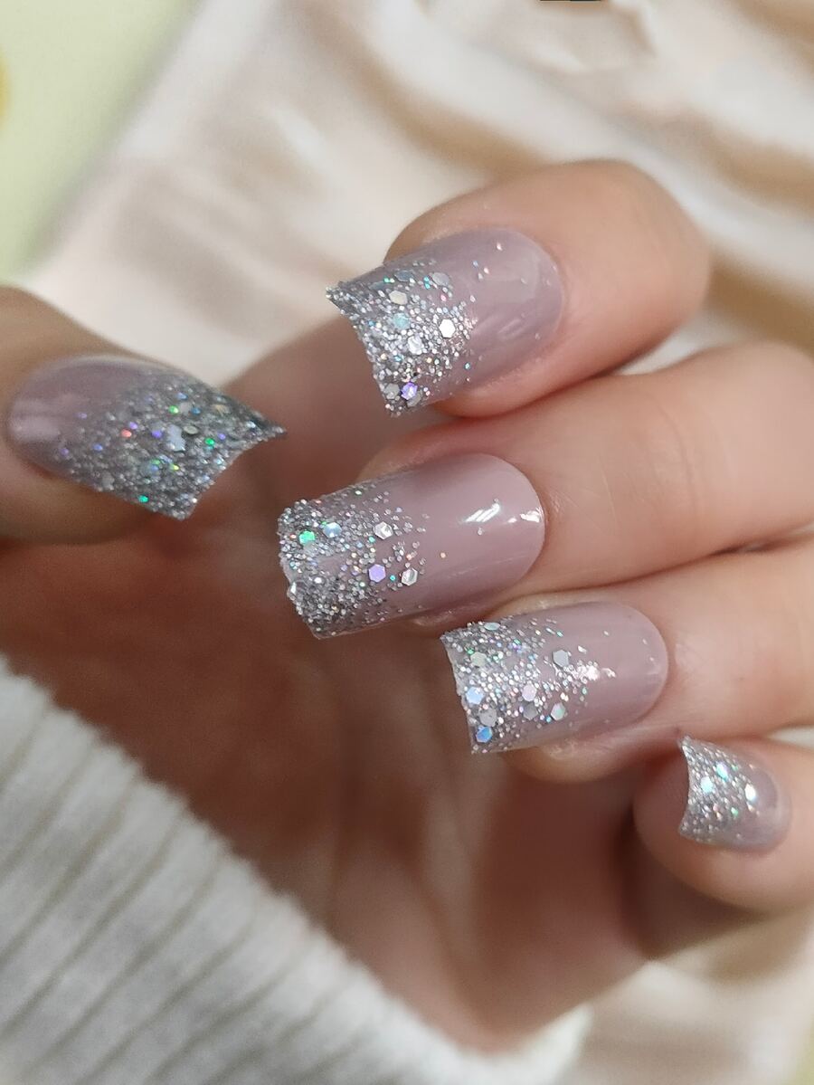 VV MEI JIA ER 24入組長款方形金屬亮絲指甲假指甲和1張膠帶和1入組指甲銼 - 棕色 - 查看 1