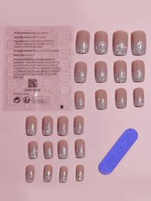 VV MEI JIA ER 24入組長款方形金屬亮絲指甲假指甲和1張膠帶和1入組指甲銼 - 棕色 - 查看 2