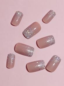 VV MEI JIA ER 24入組長款方形金屬亮絲指甲假指甲和1張膠帶和1入組指甲銼 - 棕色 - 查看 3