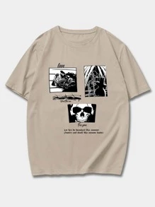 ROMWE MEN Guys Skull & Slogan Graphic Tee - Khaki - View 1