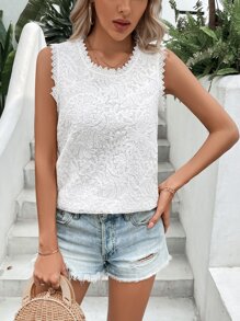 Breezaya Guipure Lace Trim Sleeveless Blouse - White - View 5