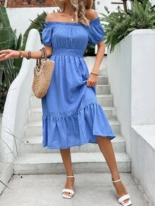 SHEIN VCAY Vestido de hombros descubiertos bajo con fruncido