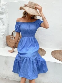 SHEIN VCAY Vestido de hombros descubiertos bajo con fruncido