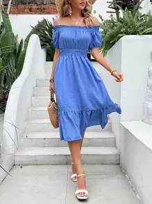 SHEIN VCAY Vestido de hombros descubiertos bajo con fruncido