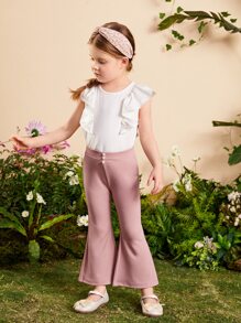 SHEIN Toddler Girls Button Front Flare Leg Trousers - Dusty Pink - View 4