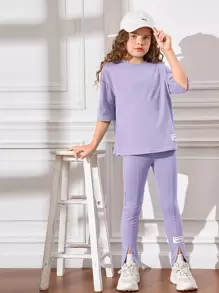 SHEIN Leap Crew Girls Patched Detail Drop Shoulder Tee & Split Hem Trousers - Lilac Purple - View 1