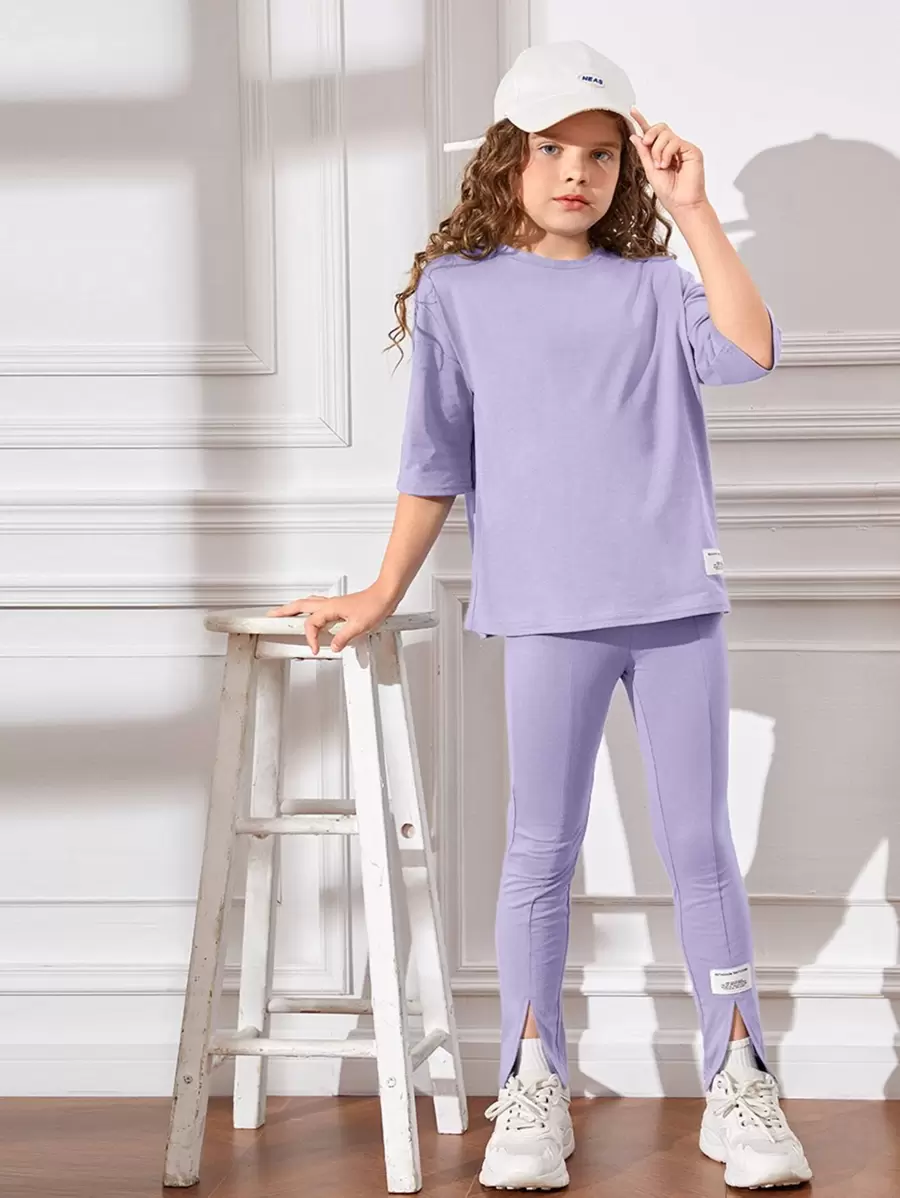 SHEIN Leap Crew Girls Patched Detail Drop Shoulder Tee & Split Hem Trousers - Lilac Purple - View 1