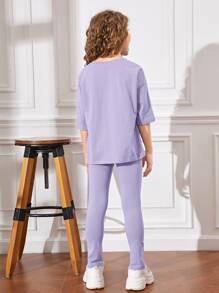 SHEIN Leap Crew Girls Patched Detail Drop Shoulder Tee & Split Hem Trousers - Lilac Purple - View 2
