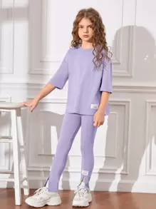 SHEIN Leap Crew Girls Patched Detail Drop Shoulder Tee & Split Hem Trousers - Lilac Purple - View 3
