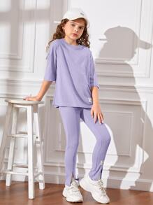 SHEIN Leap Crew Girls Patched Detail Drop Shoulder Tee & Split Hem Trousers - Lilac Purple - View 4