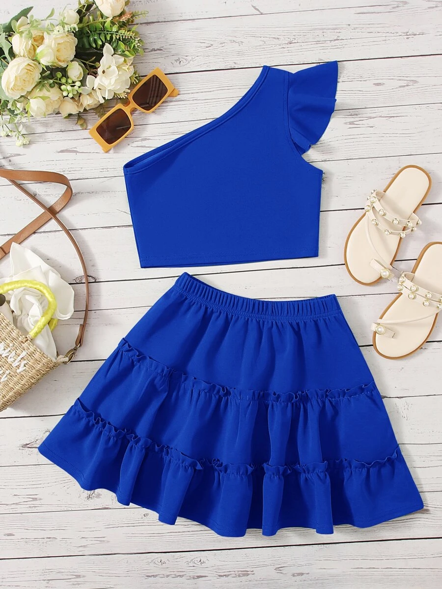 SHEIN Chicas de un hombro ribete con fruncido Top & ribete fruncido Falda - azul real - Ver 1