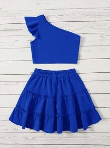 SHEIN Chicas de un hombro ribete con fruncido Top & ribete fruncido Falda - azul real - Ver 2