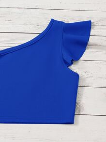 SHEIN Chicas de un hombro ribete con fruncido Top & ribete fruncido Falda - azul real - Ver 3