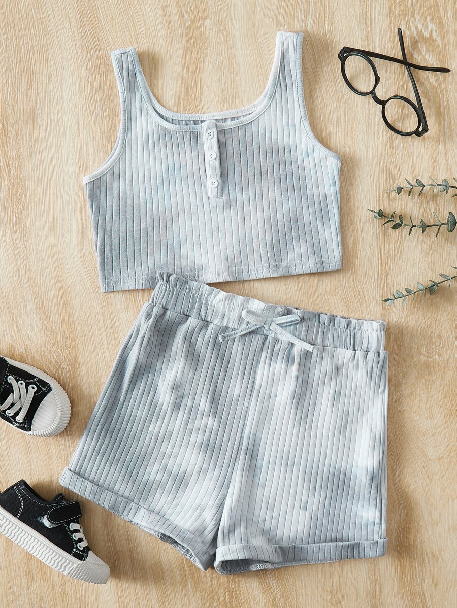 SHEIN 女孩紮染背心上衣和前蝴蝶結短褲 - 薄荷綠 - 查看 1