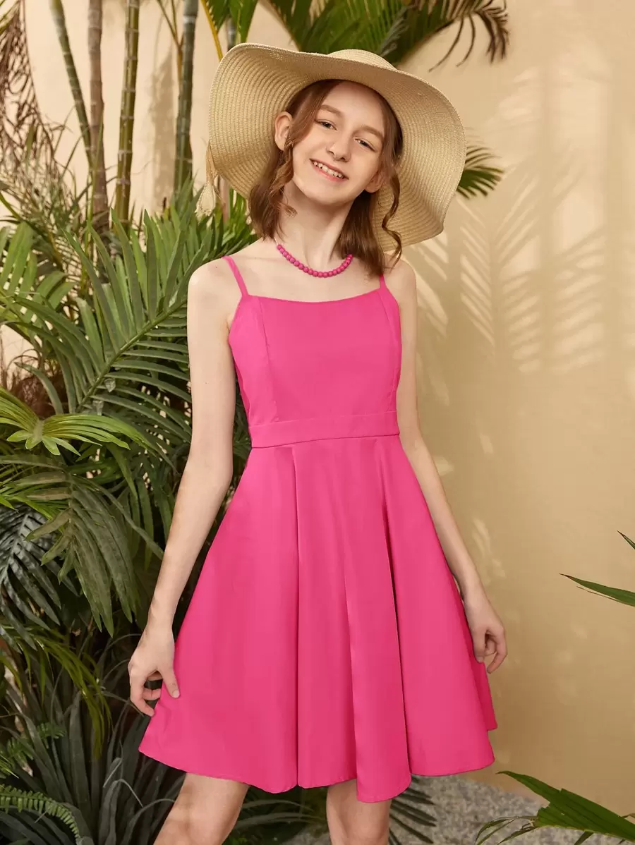 SHEIN Teen Girls Solid Cami Dress - Hot Pink - View 1