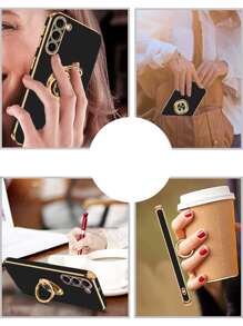 6D Electroplated Ring Holder Phone Case For SAMA15, S24 Ultra/S23 FE, A13, A54, A55, Moto G (2024), G Stylus 5G (2024), G Play (2024), Pixel 8, S24 FE, S25 Series Waterproof Shockproof Anti-Fall Scratch Resistant - Black - View 8
