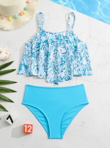 Tween Girl Swirl In Ruffle Bikini Set Đi Biển Mùa Hè - Xanh và trắng - Xem 1