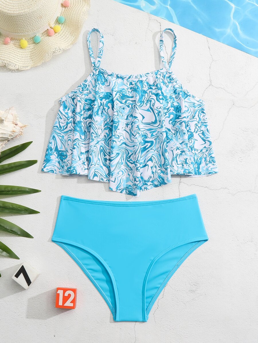 Tween Girl Swirl In Ruffle Bikini Set Đi Biển Mùa Hè - Xanh và trắng - Xem 1