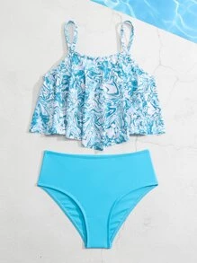 Tween Girl Swirl In Ruffle Bikini Set Đi Biển Mùa Hè - Xanh và trắng - Xem 4