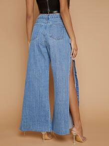 Jeans con botón lado ribete de pierna ancha bajo crudo - Azul lavado medio - Ver 2