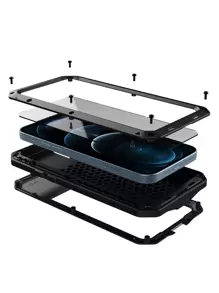 重型防震坚固铝合金金属装甲外壳适用于 16e 16 15 14 13 12 11 Pro Max XR XS Max X SE 6S 6 7 8 Plus 硅胶内置屏幕保护膜 360 全身保护军用级防震保险杠框架盖防水防摔防刮 - 黑色 - 查看 1