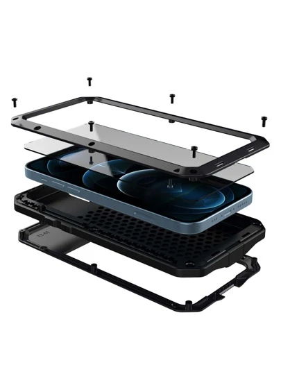 重型防震坚固铝合金金属装甲外壳适用于 16e 16 15 14 13 12 11 Pro Max XR XS Max X SE 6S 6 7 8 Plus 硅胶内置屏幕保护膜 360 全身保护军用级防震保险杠框架盖防水防摔防刮