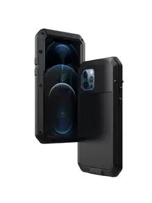 重型防震坚固铝合金金属装甲外壳适用于 16e 16 15 14 13 12 11 Pro Max XR XS Max X SE 6S 6 7 8 Plus 硅胶内置屏幕保护膜 360 全身保护军用级防震保险杠框架盖防水防摔防刮 - 黑色 - 查看 4