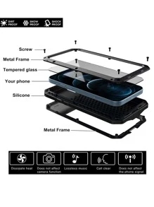 重型防震坚固铝合金金属装甲外壳适用于 16e 16 15 14 13 12 11 Pro Max XR XS Max X SE 6S 6 7 8 Plus 硅胶内置屏幕保护膜 360 全身保护军用级防震保险杠框架盖防水防摔防刮 - 黑色 - 查看 5