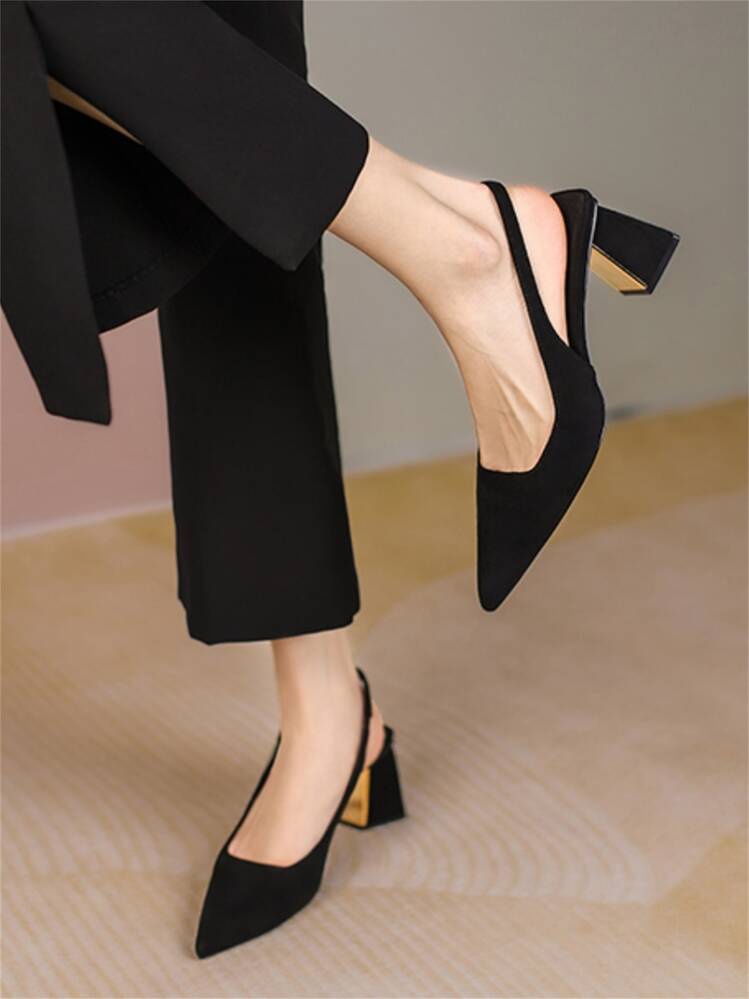 Elegant Black Slingback Pumps For Women, Point Toe Chunky Heeled Pumps - Black - View 3