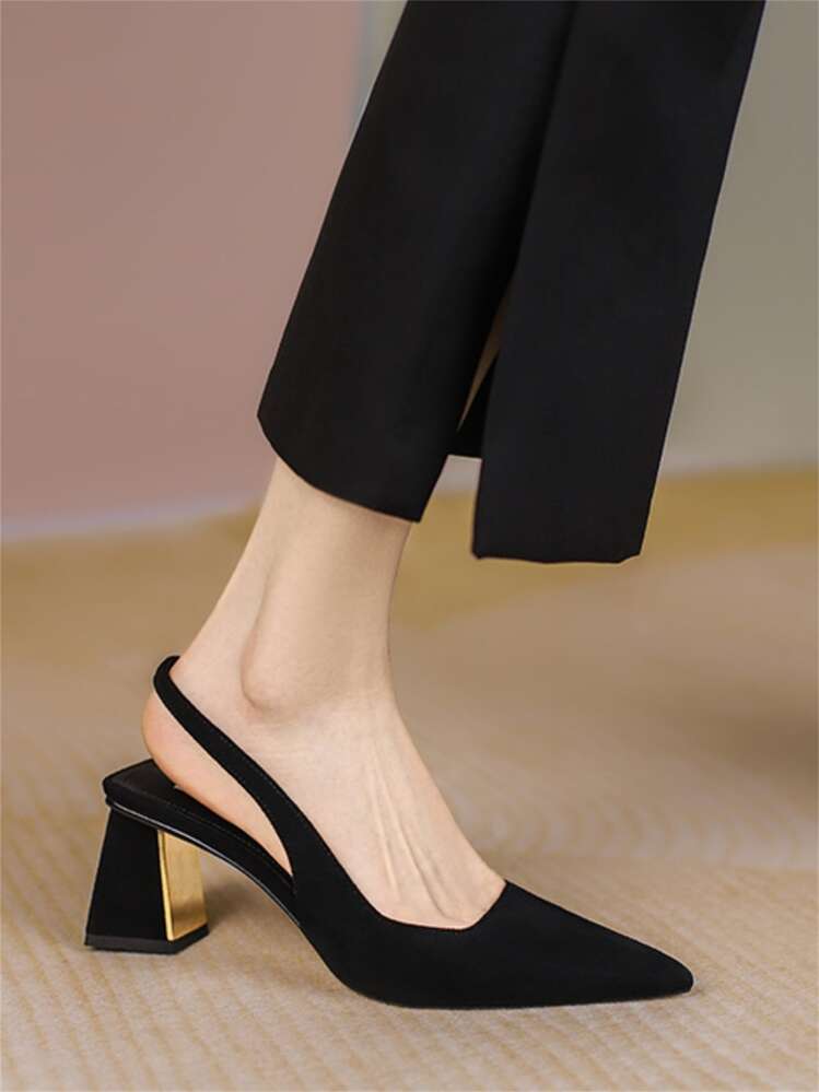 Elegant Black Slingback Pumps For Women, Point Toe Chunky Heeled Pumps - Black - View 4