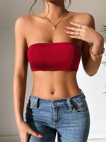 SHEIN PETITE 素色短款抹胸上衣 - 酒紅色 - 查看 3