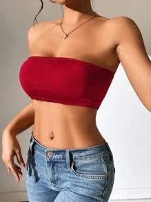 SHEIN PETITE 素色短款抹胸上衣 - 酒紅色 - 查看 4