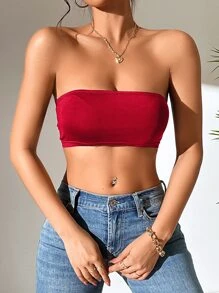 SHEIN PETITE 素色短款抹胸上衣 - 酒紅色 - 查看 5