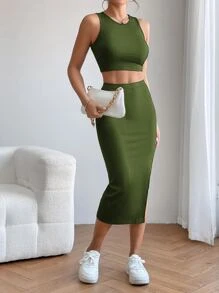 SHEIN PETITE Solid Crop Tank Top & Split Thigh Skirt - Green - View 6