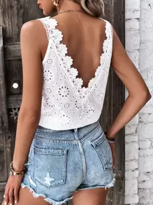 SHEIN LUNE Women Sleeveless Shirt With Deep V-Neck, Lace Splicing On Back, Embroidery On Plain Weave Fabric - White - View 1
