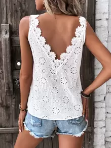SHEIN LUNE Women Sleeveless Shirt With Deep V-Neck, Lace Splicing On Back, Embroidery On Plain Weave Fabric - White - View 3