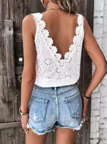 SHEIN LUNE Women Sleeveless Shirt With Deep V-Neck, Lace Splicing On Back, Embroidery On Plain Weave Fabric - White - View 5