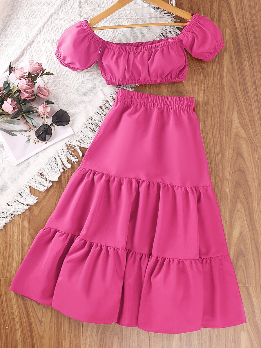 Girls Off Shoulder Puff Sleeve Top & Ruffle Hem Skirt - Hot Pink - View 1