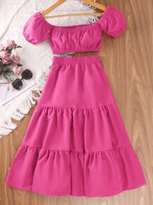 Girls Off Shoulder Puff Sleeve Top & Ruffle Hem Skirt - Hot Pink - View 2