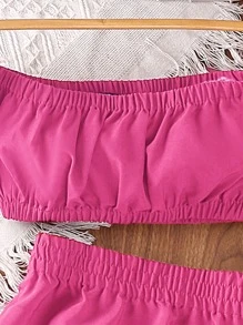 Girls Off Shoulder Puff Sleeve Top & Ruffle Hem Skirt - Hot Pink - View 3