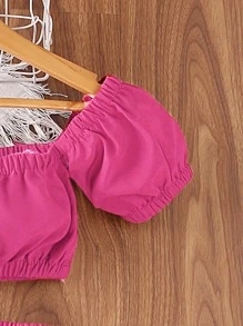 Girls Off Shoulder Puff Sleeve Top & Ruffle Hem Skirt - Hot Pink - View 4