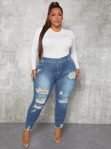 SHEIN SXY Plus Ripped Raw Hem Skinny Jeans - Light Wash - View 3
