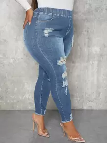 SHEIN SXY Plus Ripped Raw Hem Skinny Jeans - Light Wash - View 4